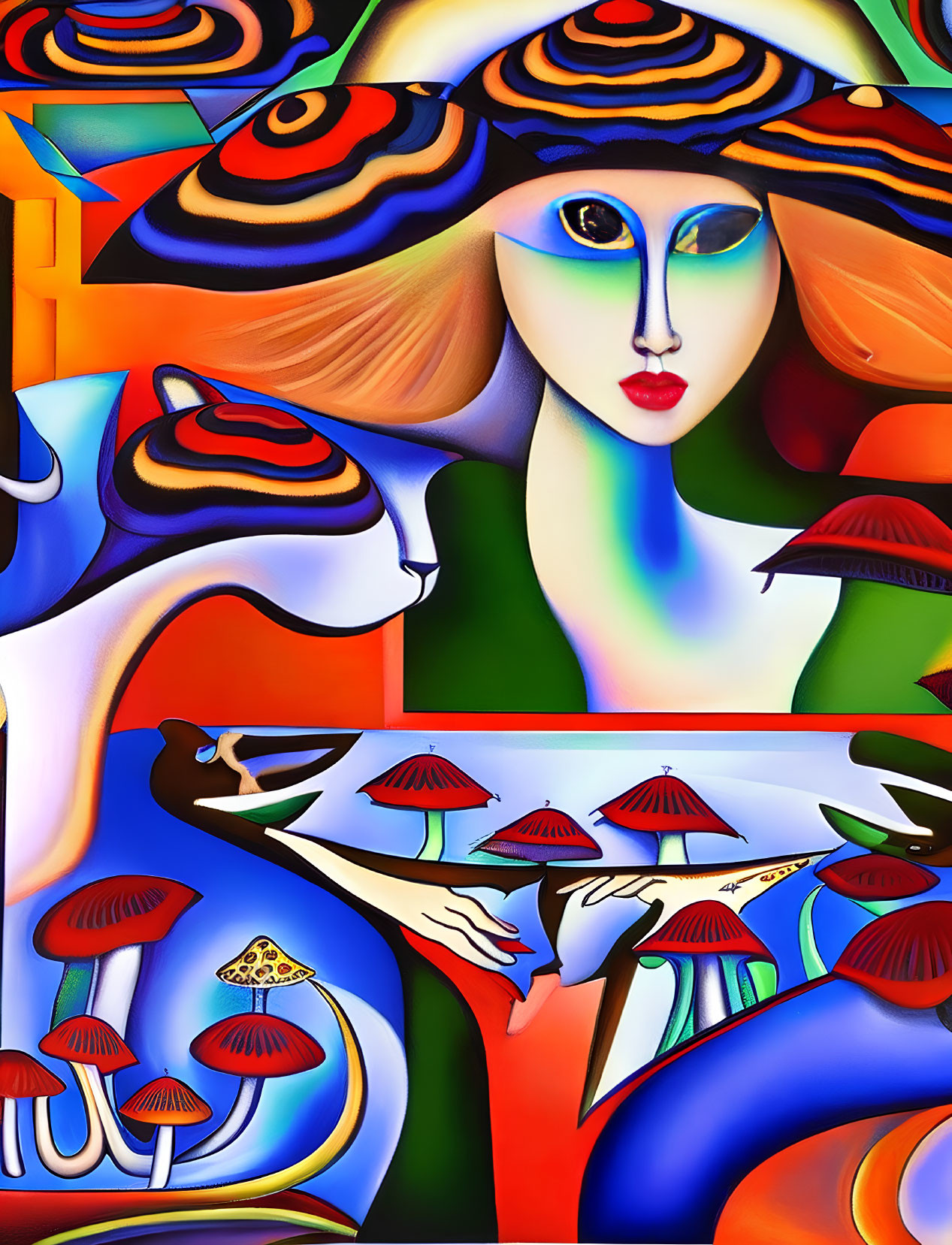 Colorful Abstract Artwork: Woman with Surreal Face & Mushrooms