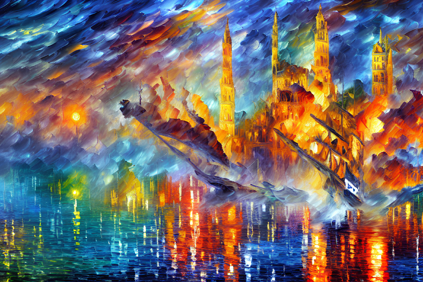 Impressionistic painting of fiery city sunset with silhouetted spires and sailboat