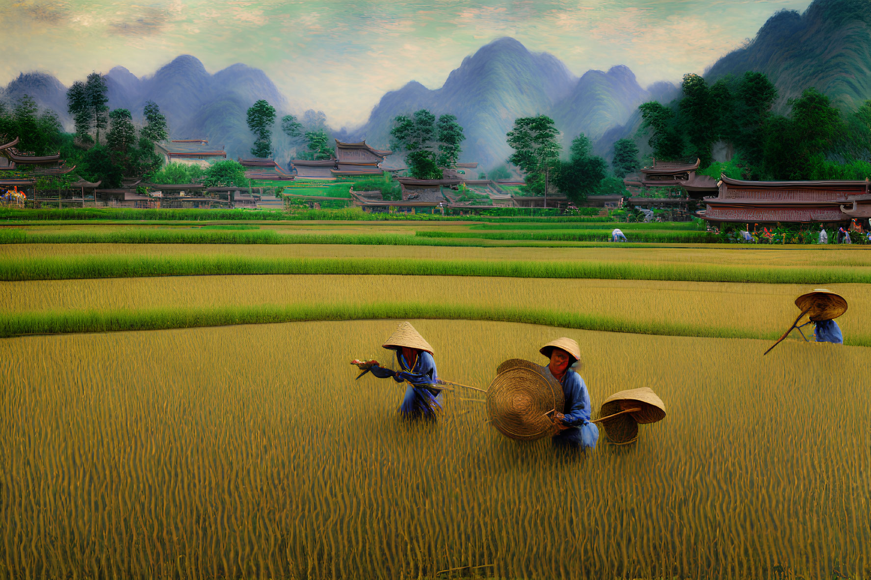 Three People Working in Vibrant Green Rice Field with Conical Hats and Asian Village Background