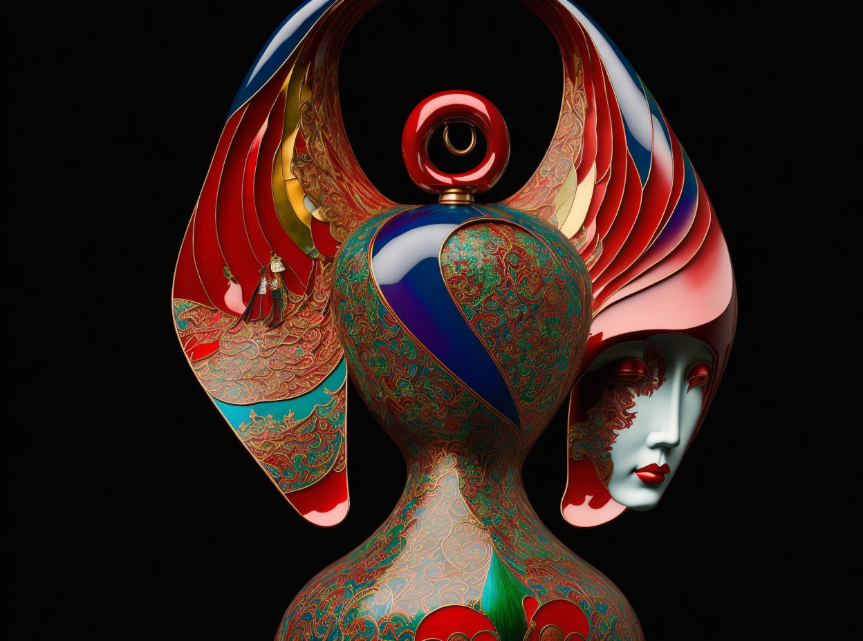 Surreal digital artwork of stylized female form with peacock-like structure