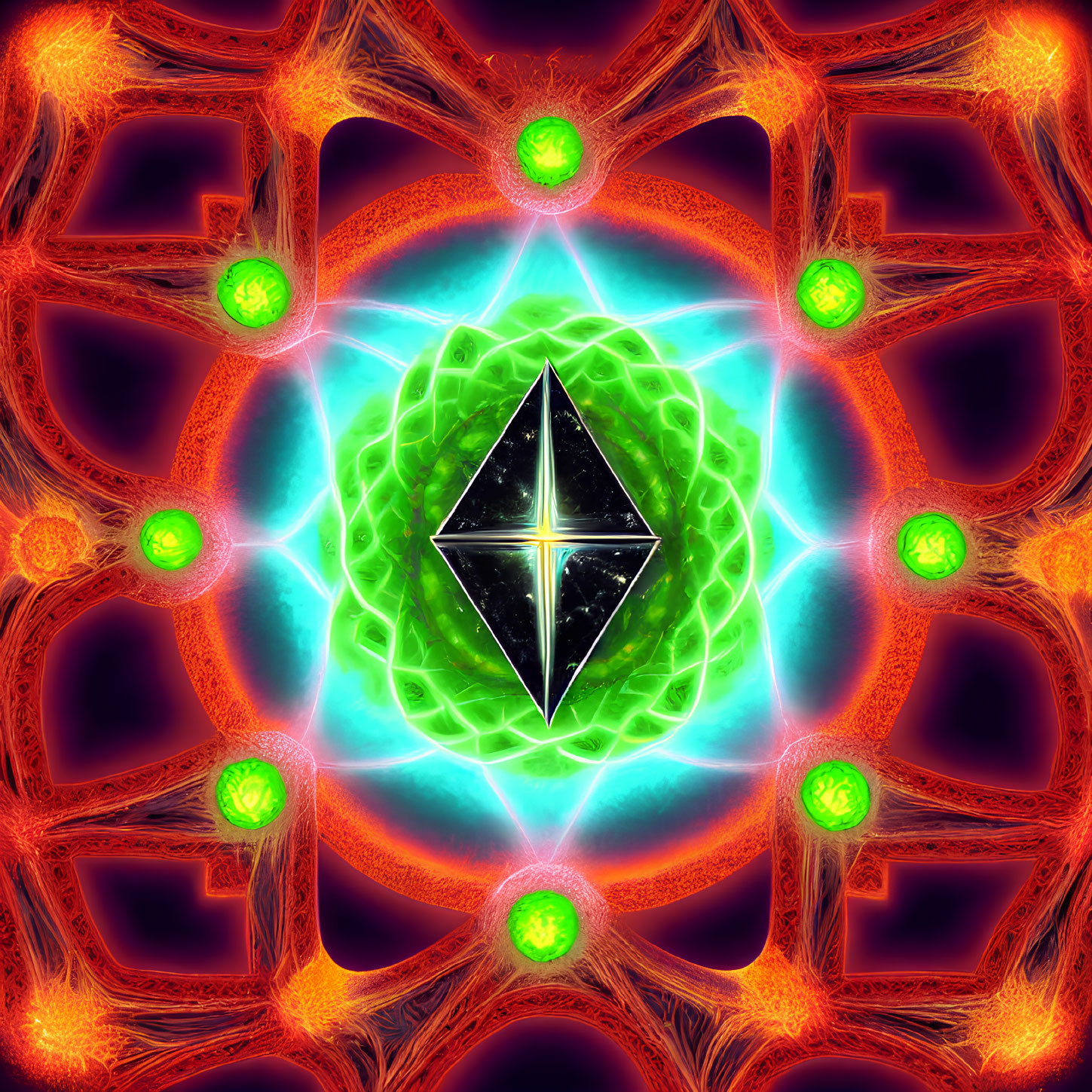 Colorful fractal art with central diamond symbol and glowing orbs.