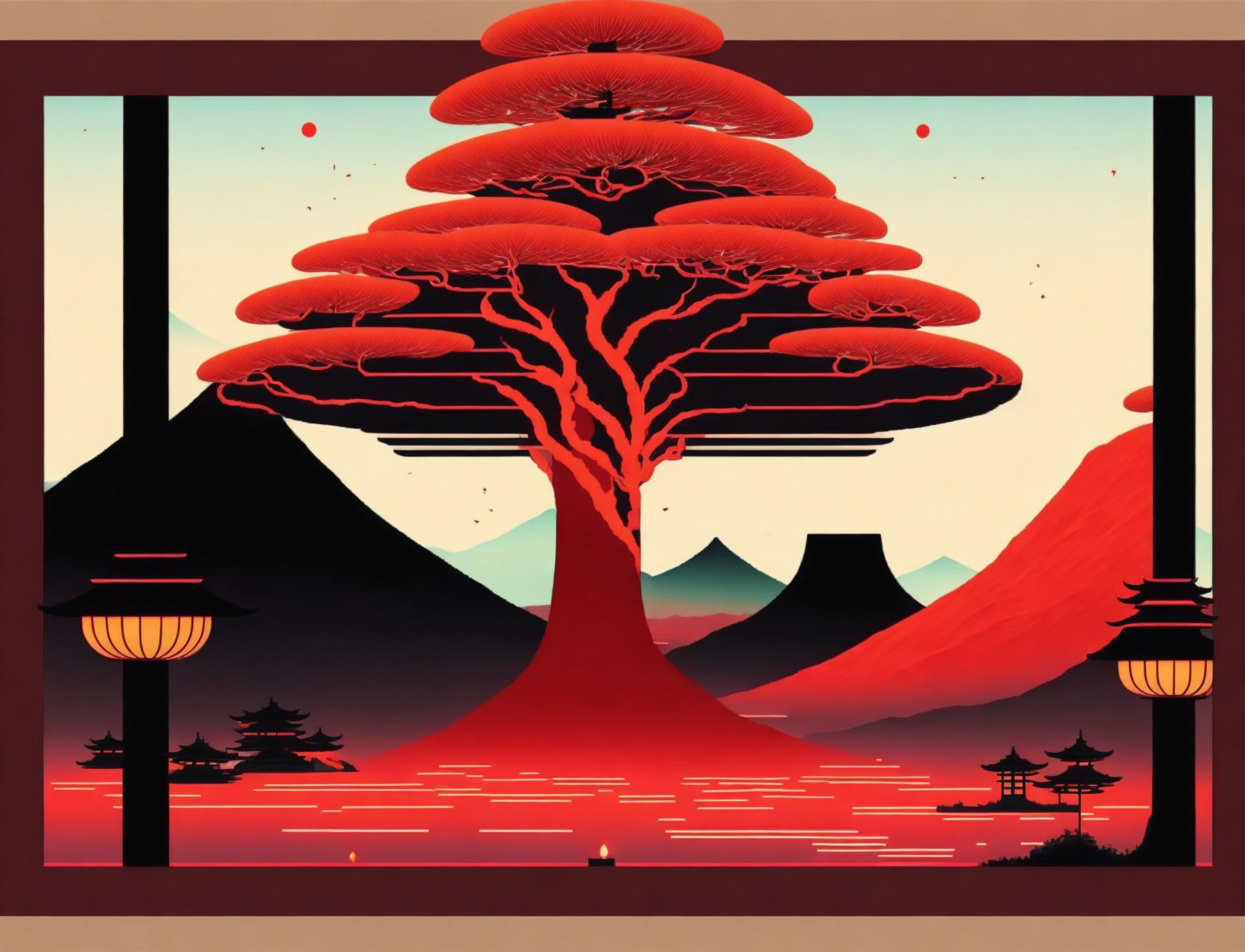 Red tree illustration with lanterns, mountains, and water reflections