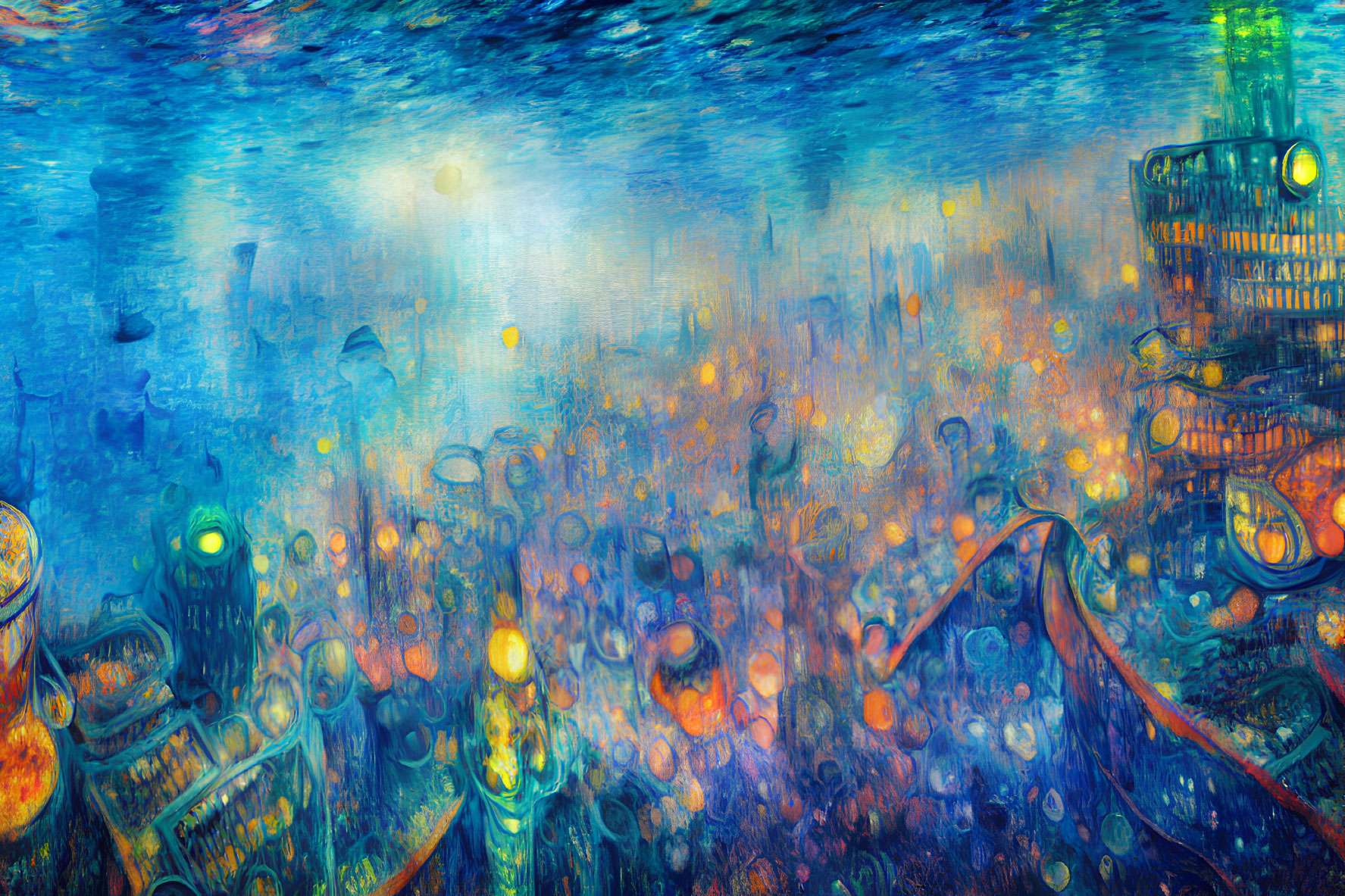 Impressionistic cityscape at night with vibrant blues and oranges