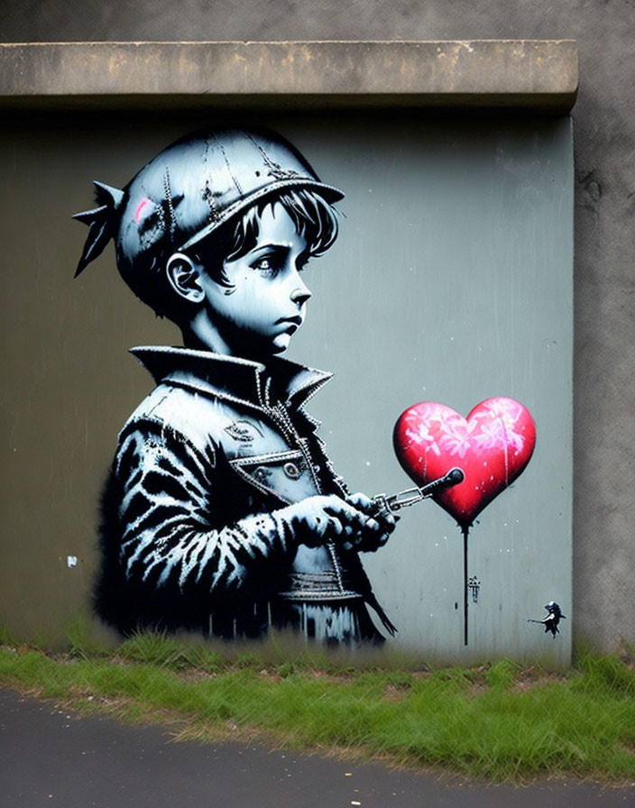 Urban mural: boy with slingshot targets heart balloon on grey wall