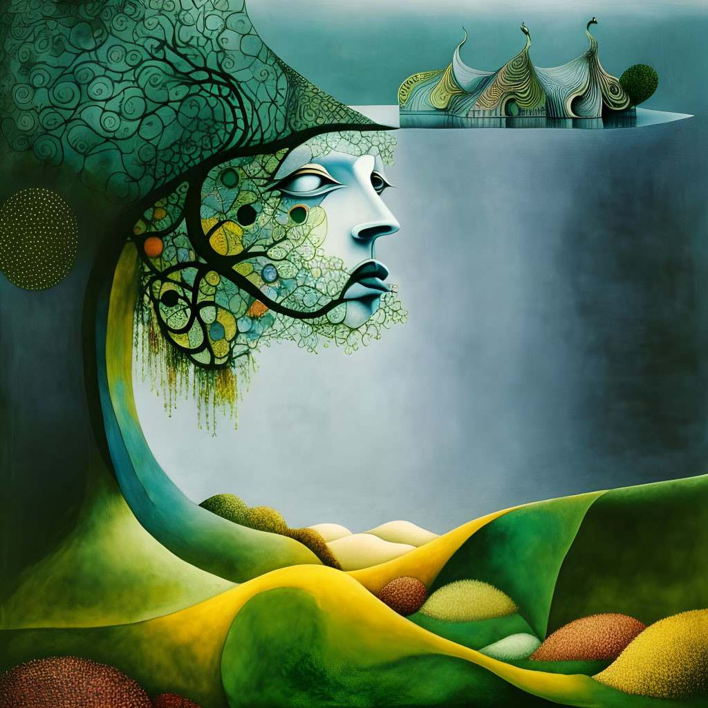 Surreal illustration of woman's face merging with landscape