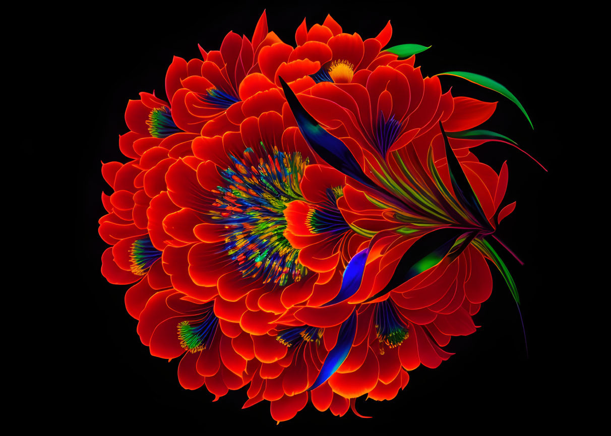 Colorful Digital Bouquet of Red Flowers with Blue and Yellow Accents