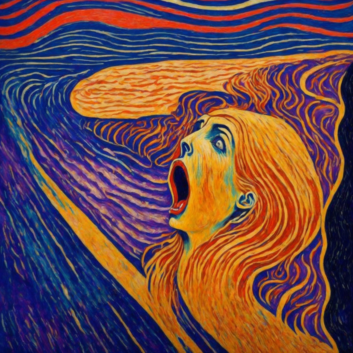 Vivid Expressionist painting of person screaming with swirling blue and orange hues