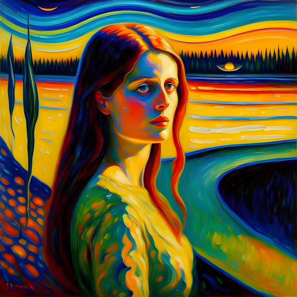 Colorful painting of a woman in flowing hair against surreal landscape.