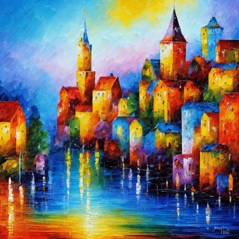 Vibrant oil painting of European town at dusk