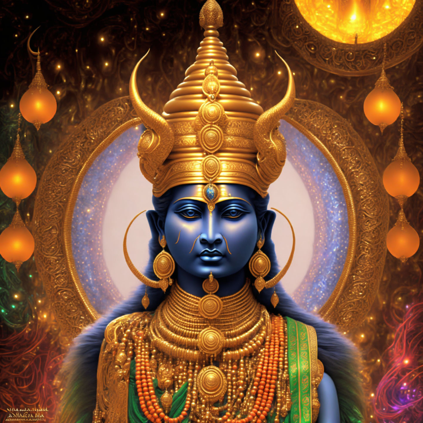 Detailed Blue Deity with Multiple Arms in Cosmic Setting