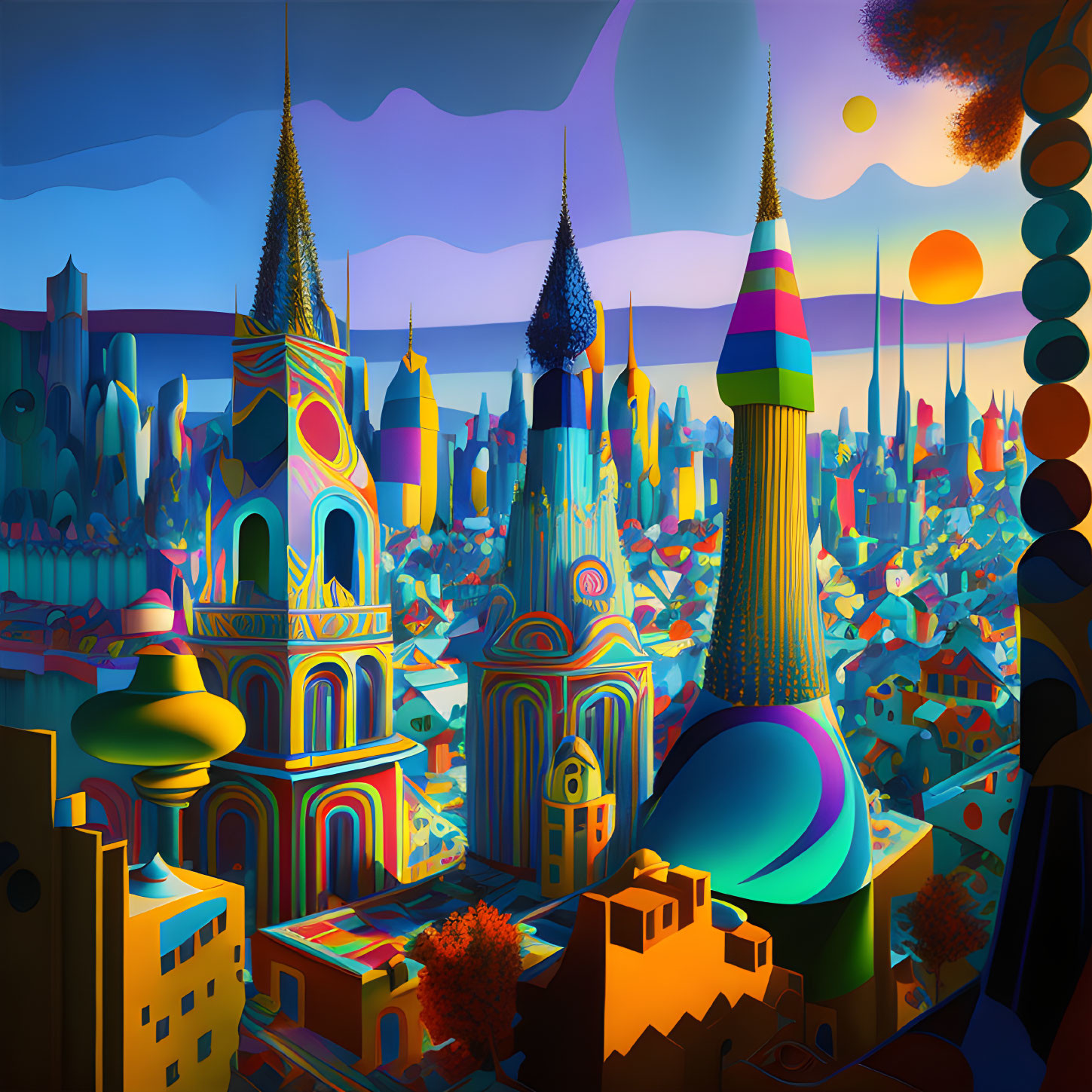 Colorful Cityscape with Whimsical Architecture and Geometric Shapes at Sunset