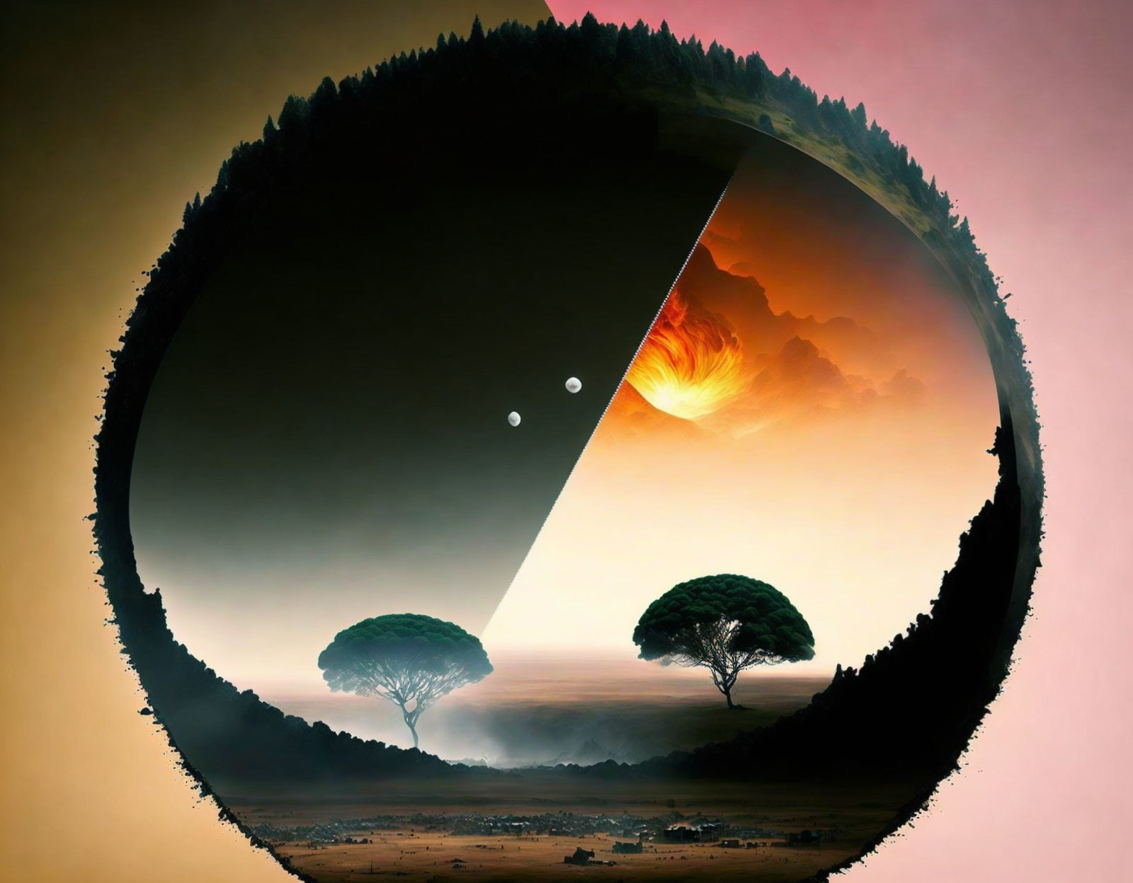 Surreal circular landscape with night-to-day transition, starry sky, trees, and fiery sun