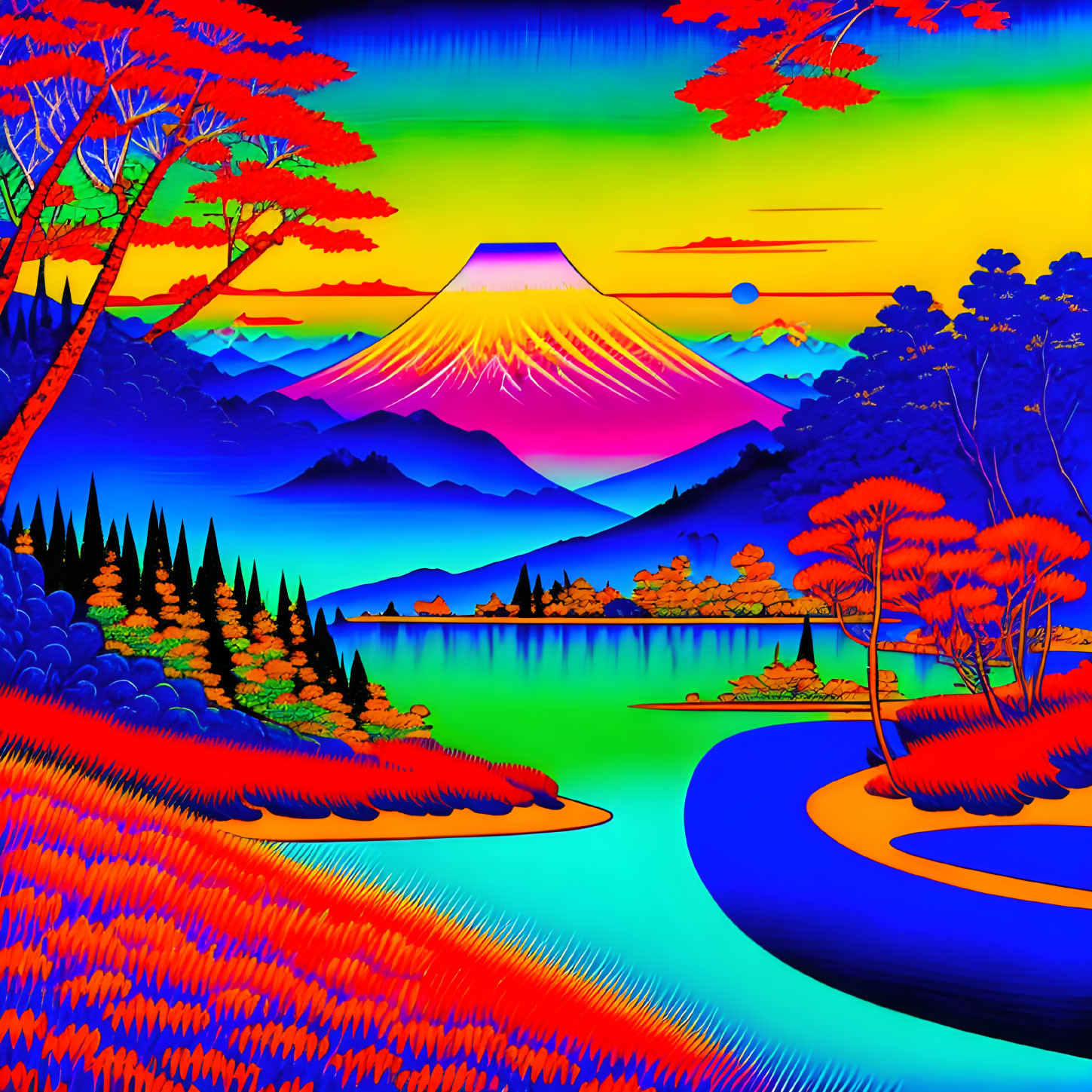 Colorful digital artwork: Stylized Mount Fuji at sunset with surreal trees and winding river