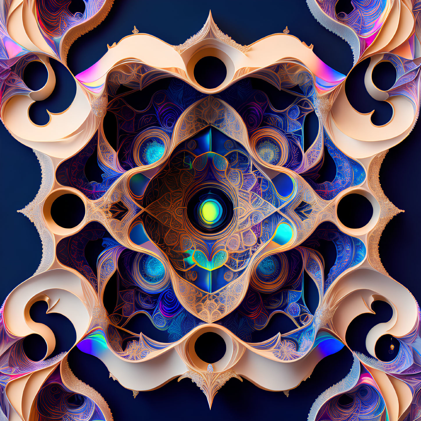 Symmetrical blue and orange fractal design on dark background with abstract shapes