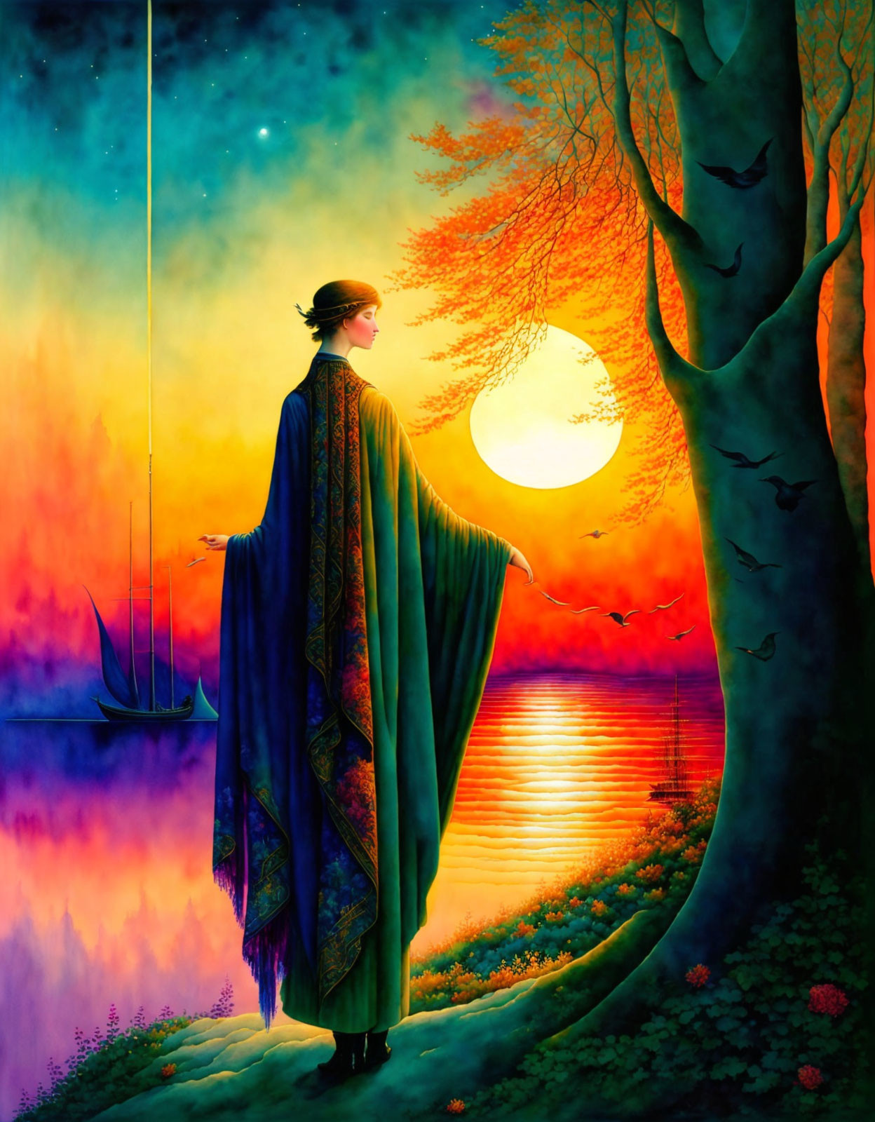 Cloaked figure near tree gazes at lake sunset with boats and birds