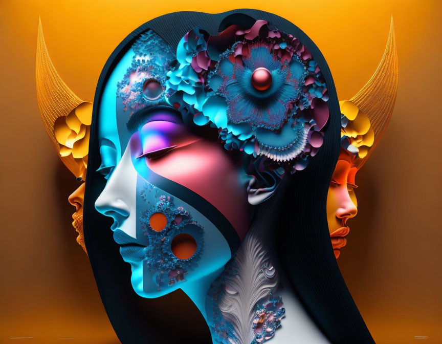 Colorful surreal digital art: stylized human head with intricate fractals.