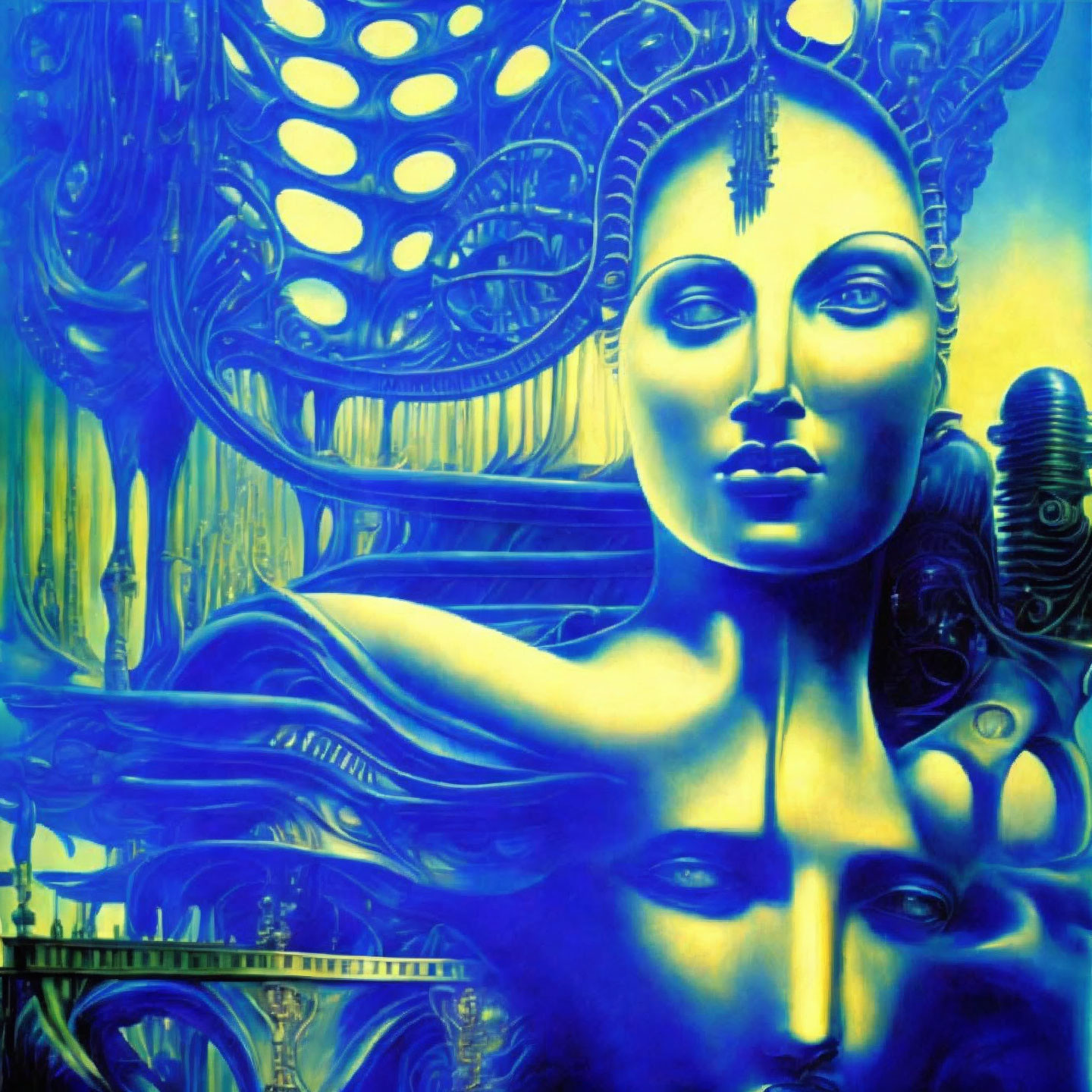 Surreal blue-toned portrait of a woman with bio-mechanical elements