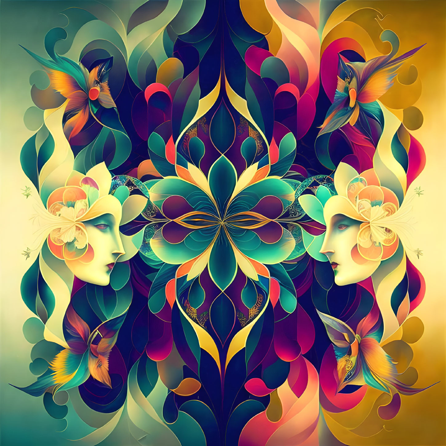 Symmetrical colorful artwork with stylized faces, birds, and florals