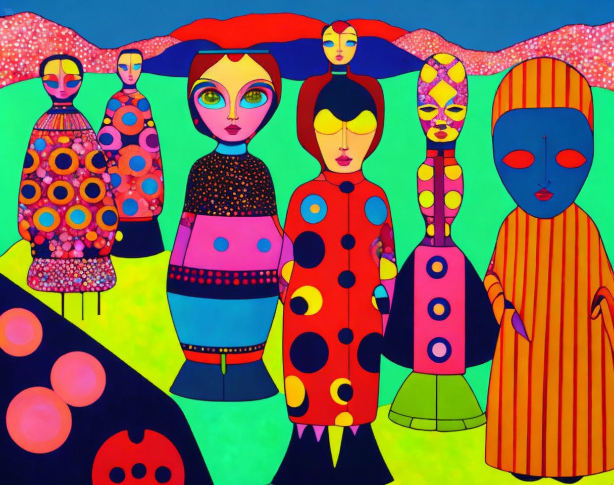 Vibrant painting of seven figures with oversized eyes and patterned clothing