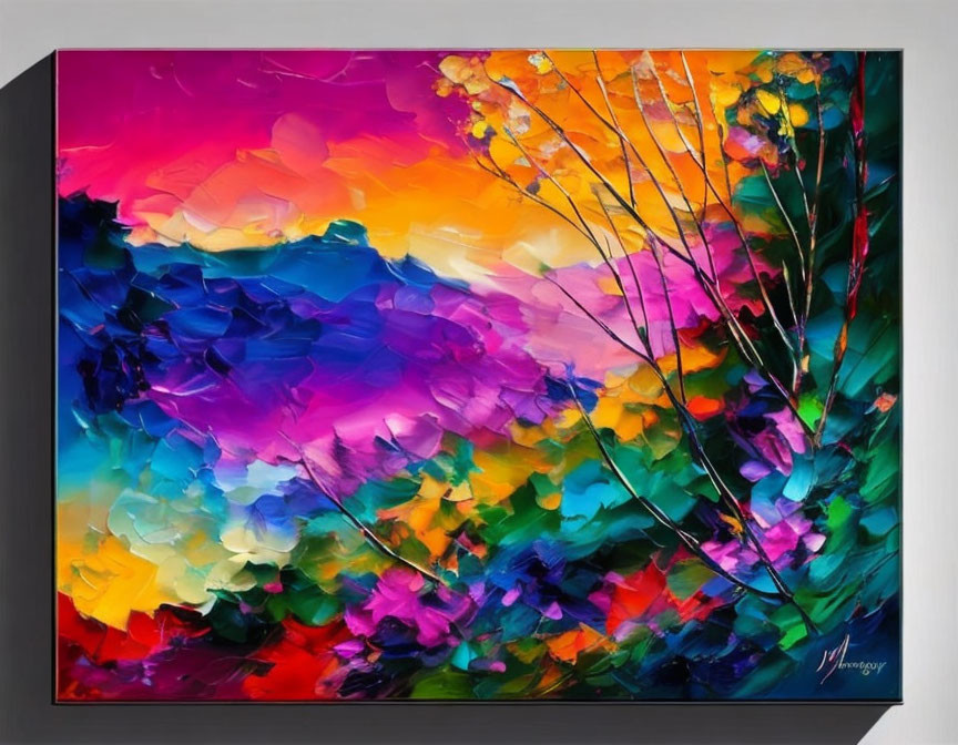 Colorful Abstract Painting with Impasto Brushstrokes Depicting Floral Landscape