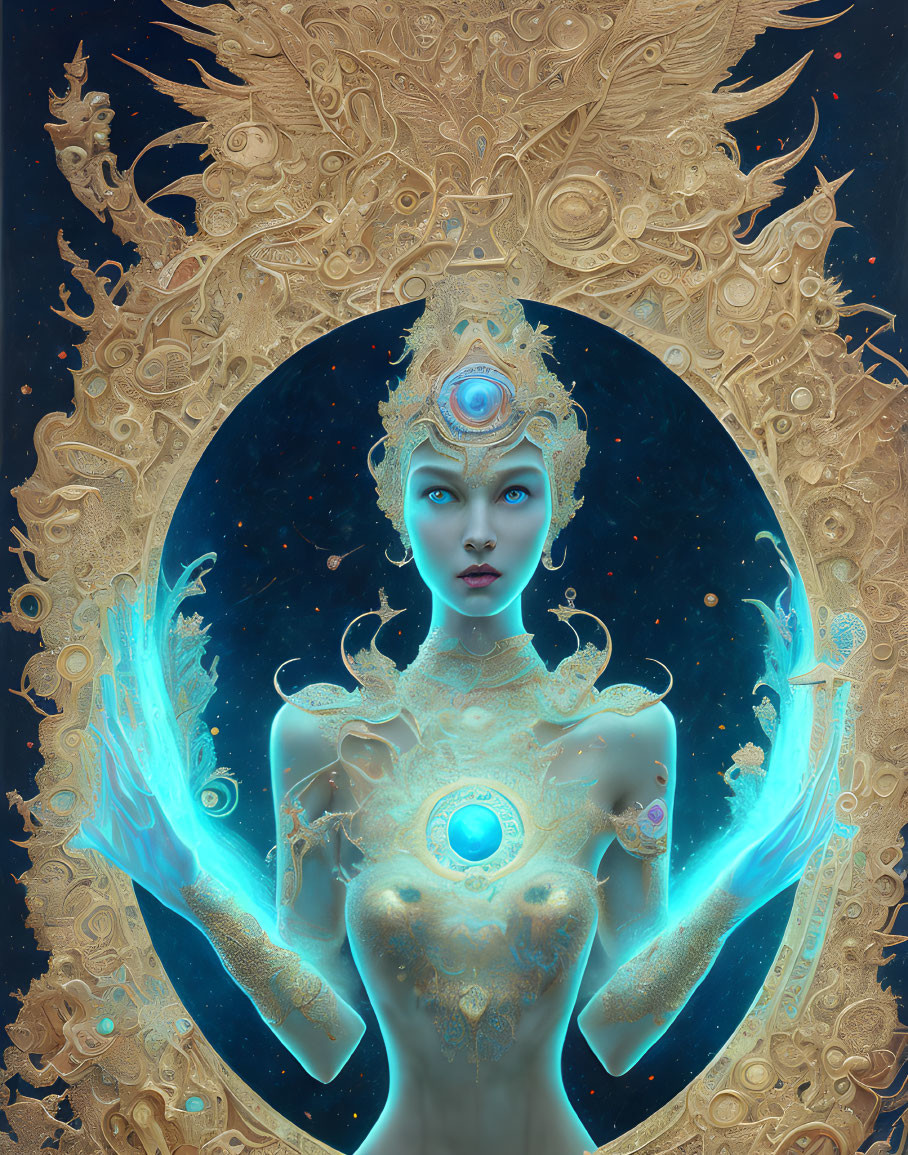 Ethereal female figure with glowing blue skin and third eye in oval frame