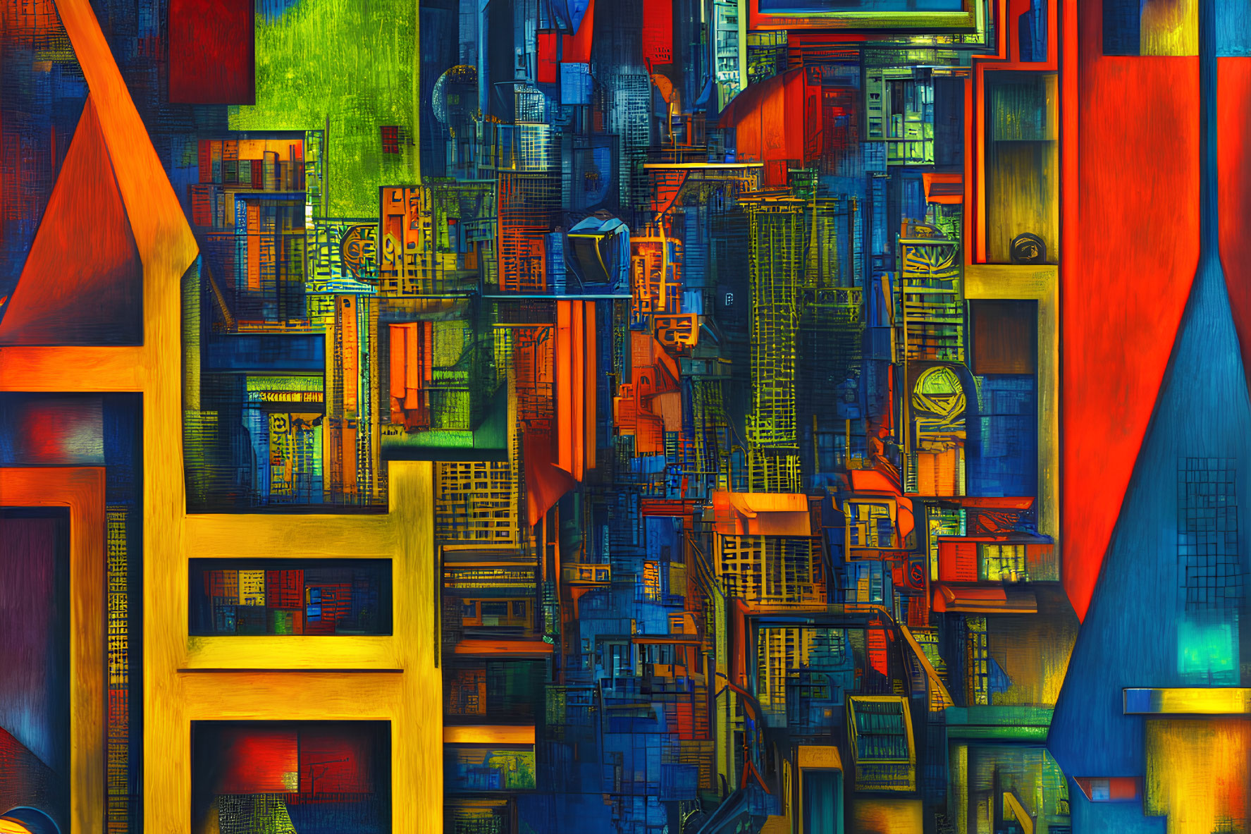 Colorful Abstract Cityscape Painting with Geometric Shapes in Red, Blue, and Yellow