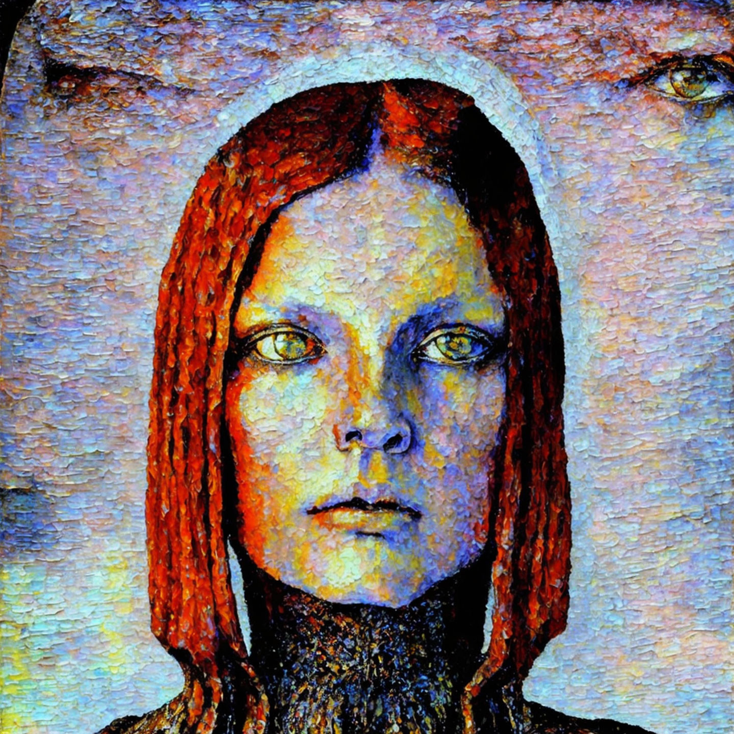 Vivid textured painting of person with blue eyes and red hair, framed by silhouetted faces