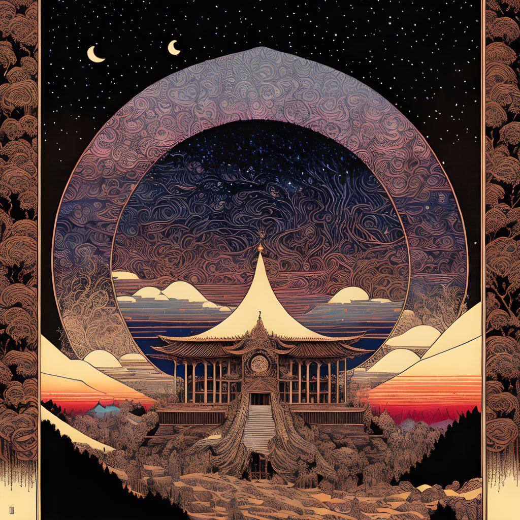 Traditional Asian Pavilion Illustration with Night Sky and Crescent Moons