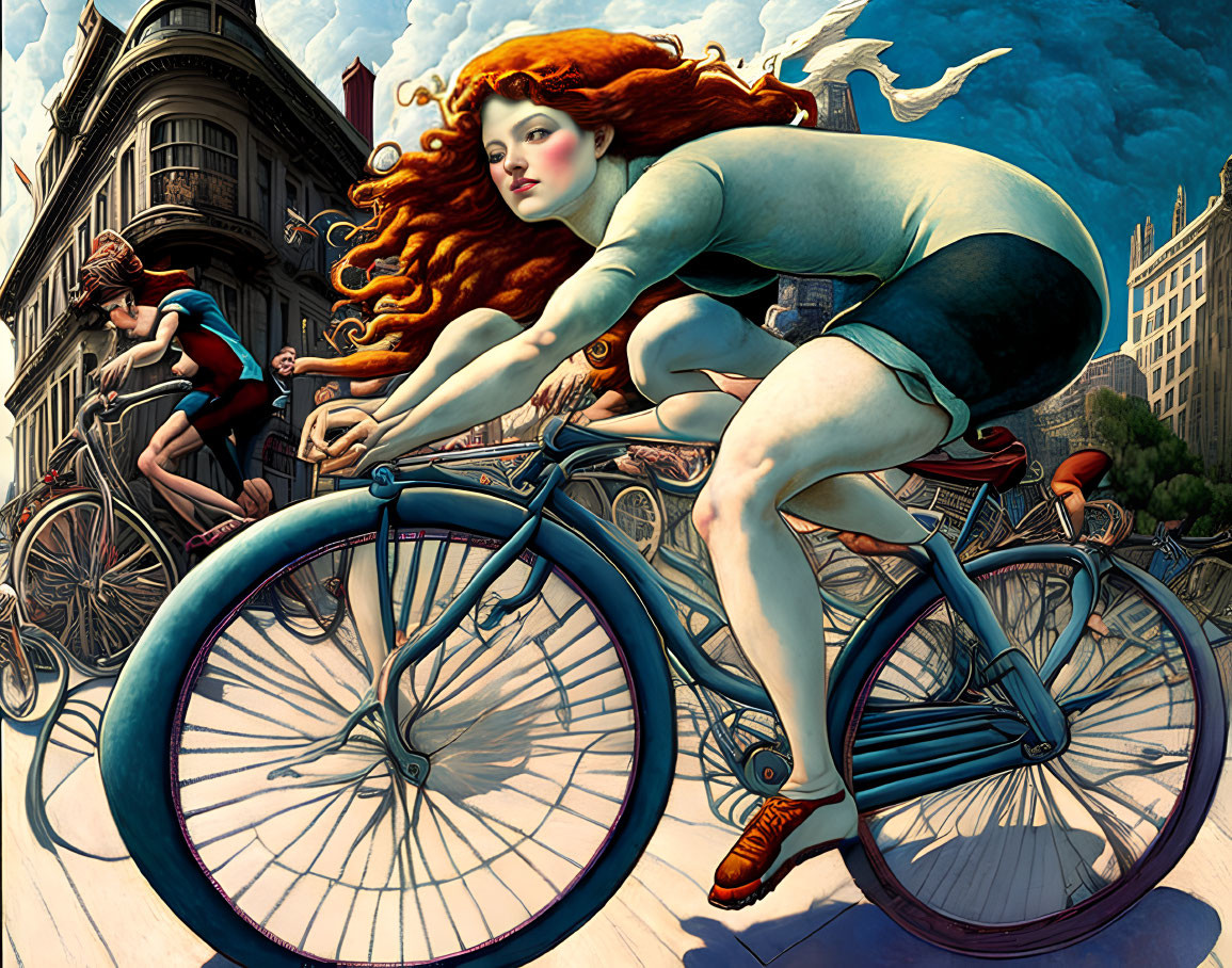 Stylized women with red flowing hair on large bicycles in urban setting