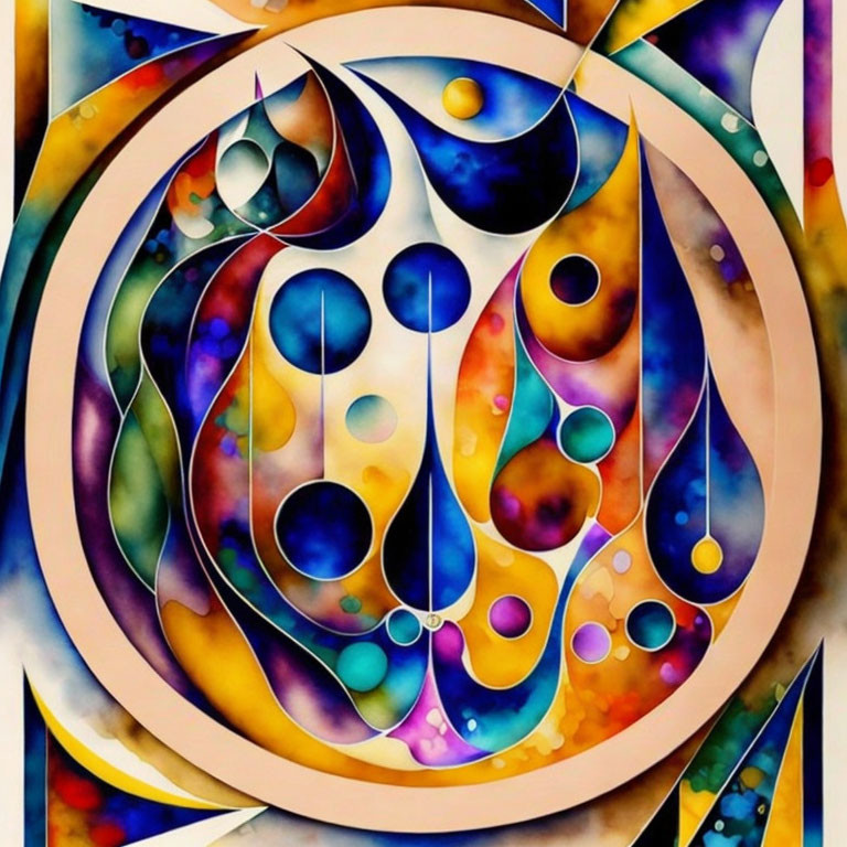 Vibrant Abstract Artwork with Swirls and Droplets in Circular Boundaries