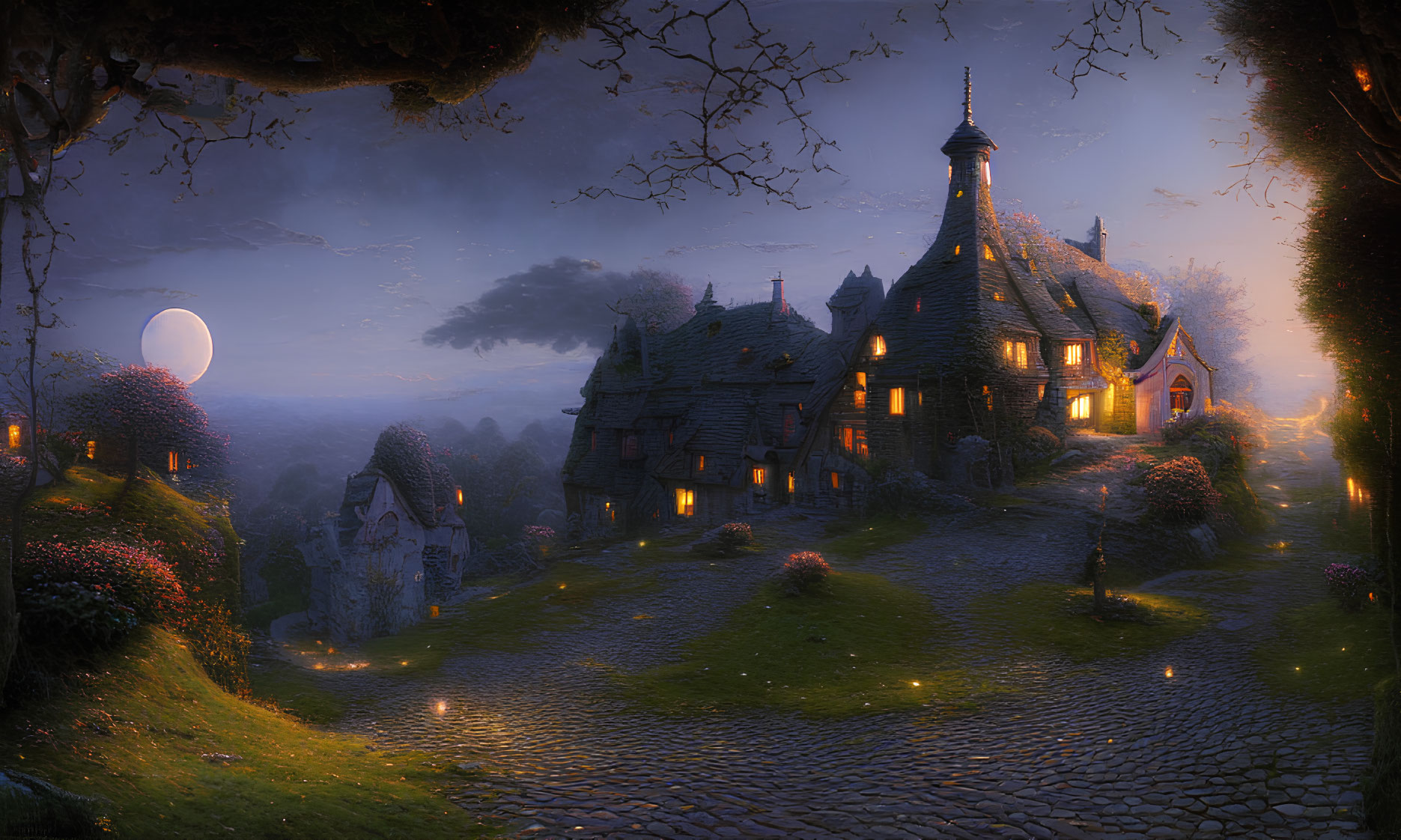 Tranquil fantasy village at dusk with cobblestone paths, quaint houses, blooming flowers,