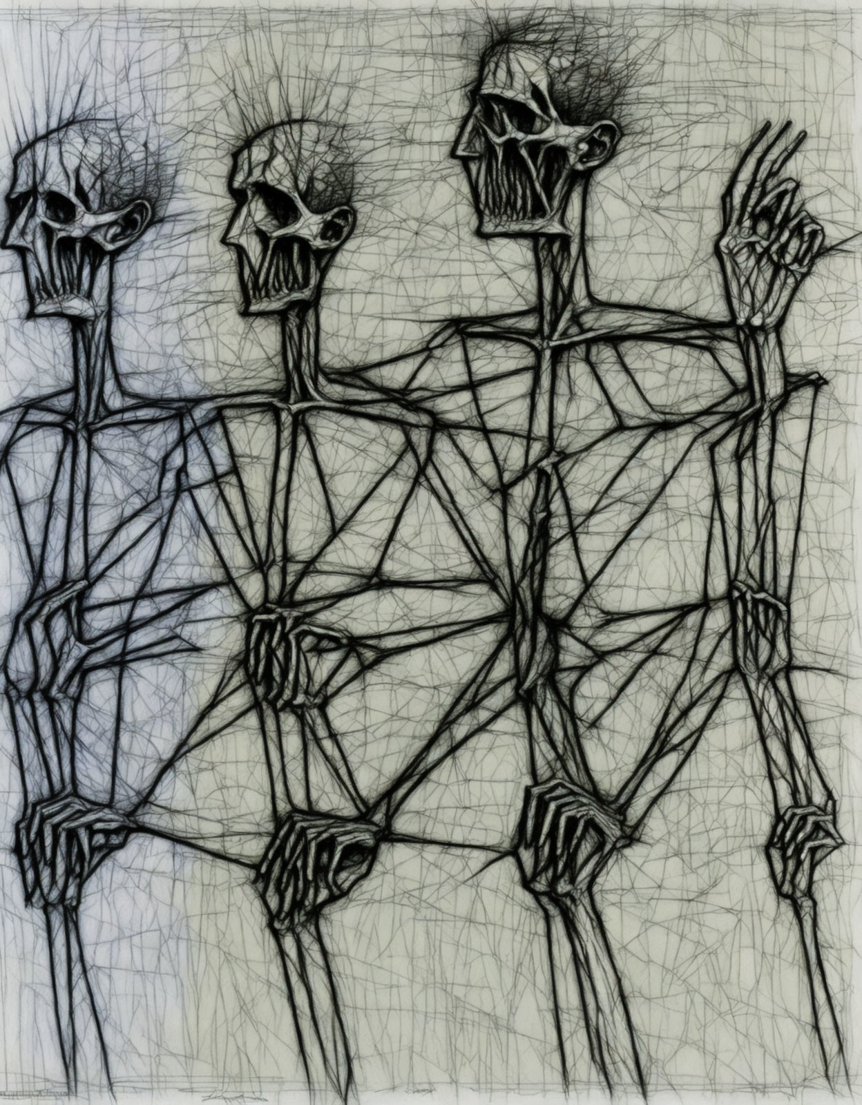 Abstract sketch of three skeletal figures with elongated limbs and skulls standing together.