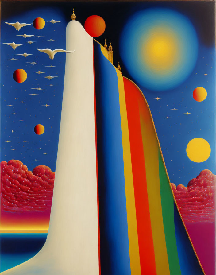 Surrealist painting: Rainbow road to golden moon with figures on tower