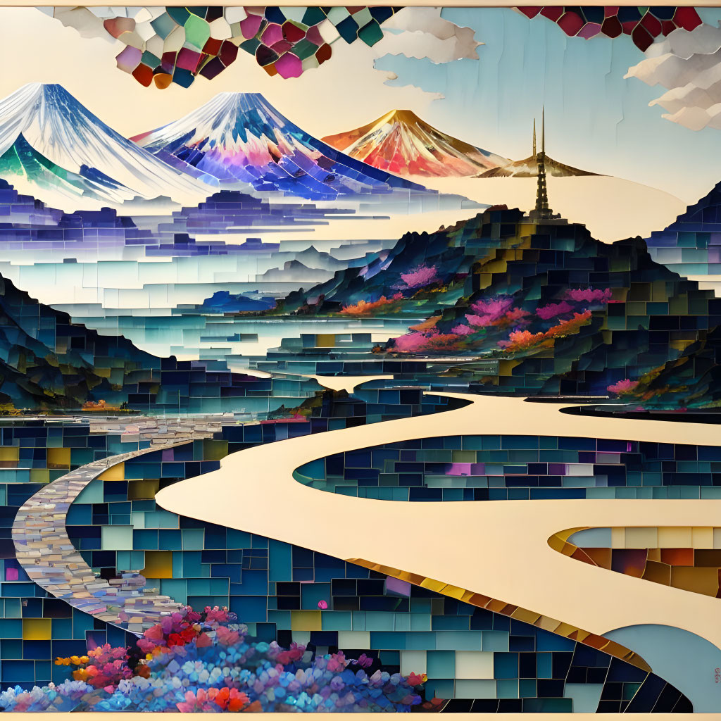 Colorful layered paper art: Multiple Mount Fujis, pagoda, paths, floral elements