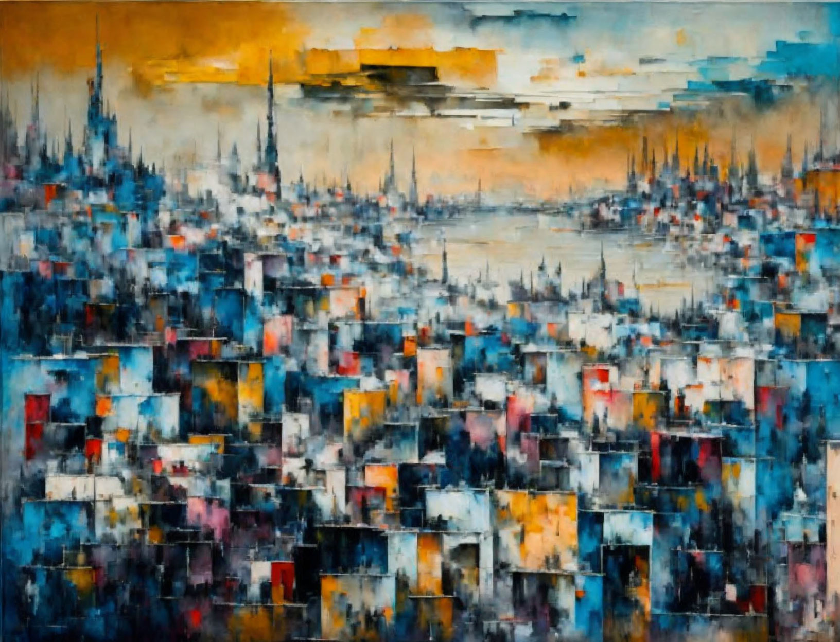 Colorful geometric cityscape painting under sunset sky.