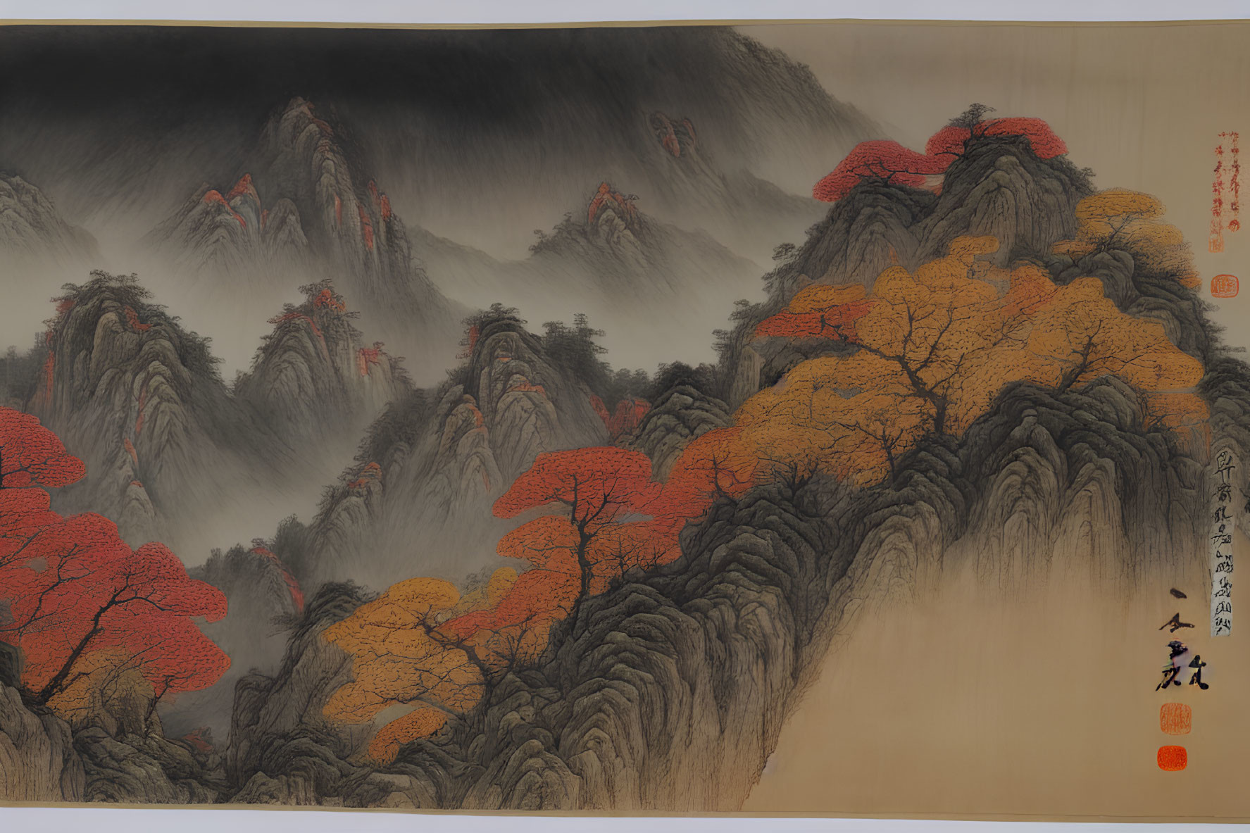 East Asian Ink Painting: Mountain Landscape with Mist and Autumn Trees