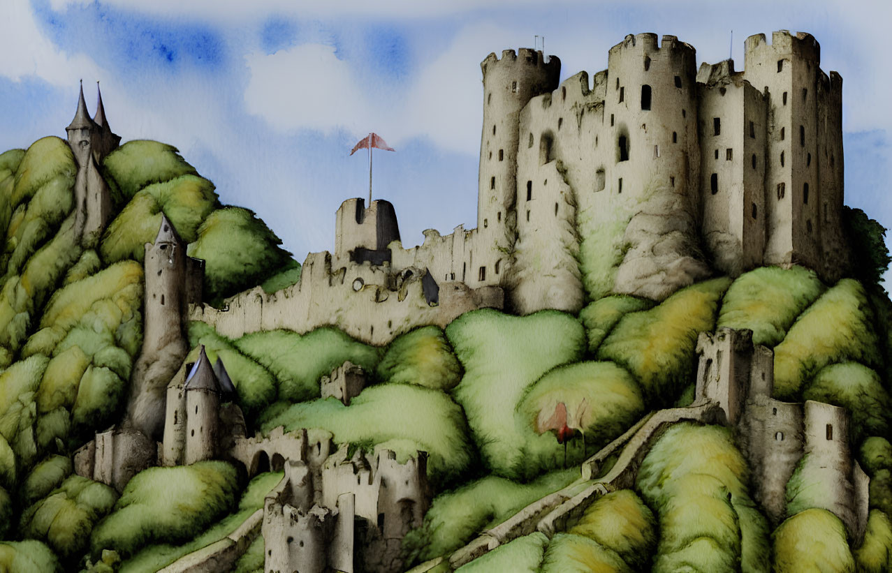 Medieval castle complex watercolor painting on green hills with towers and red flag