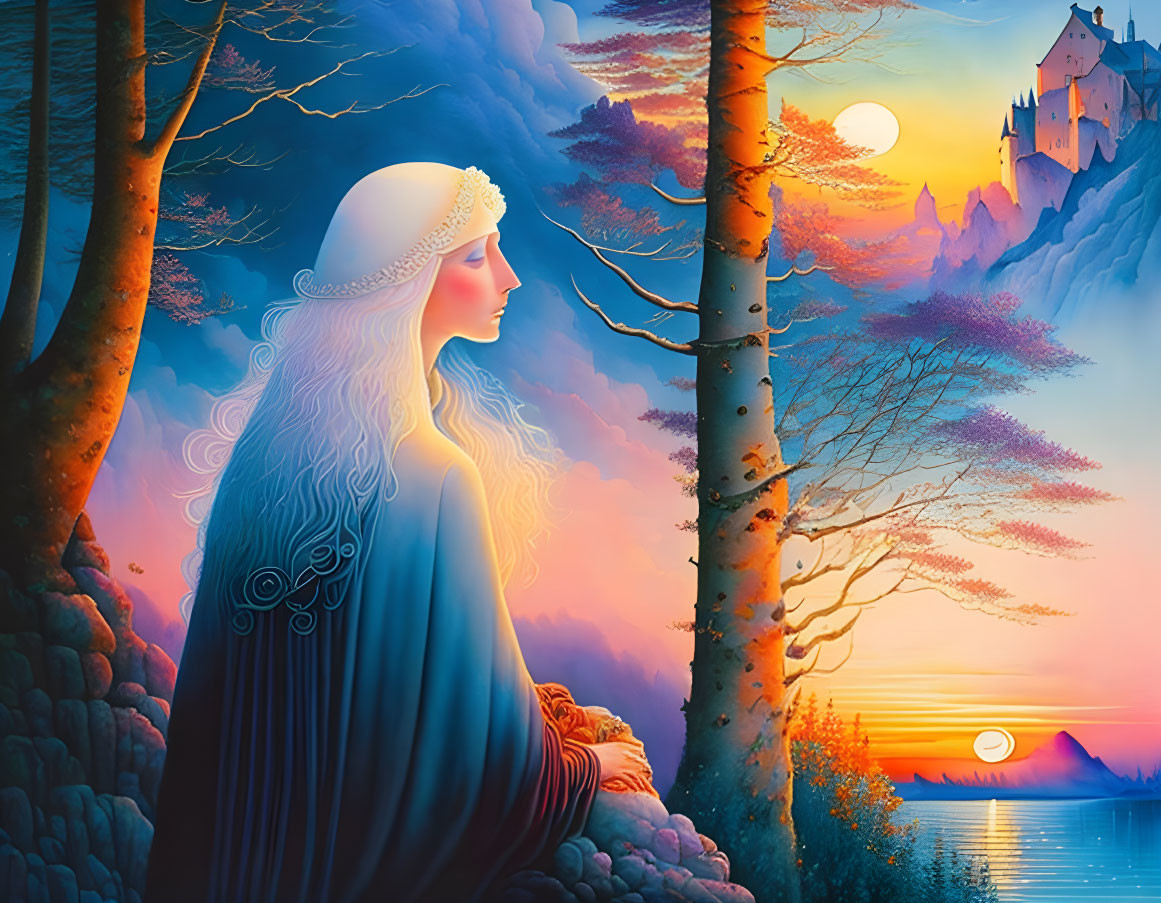 Fantasy illustration of woman in blue cloak by sunset with castle and rising moon.