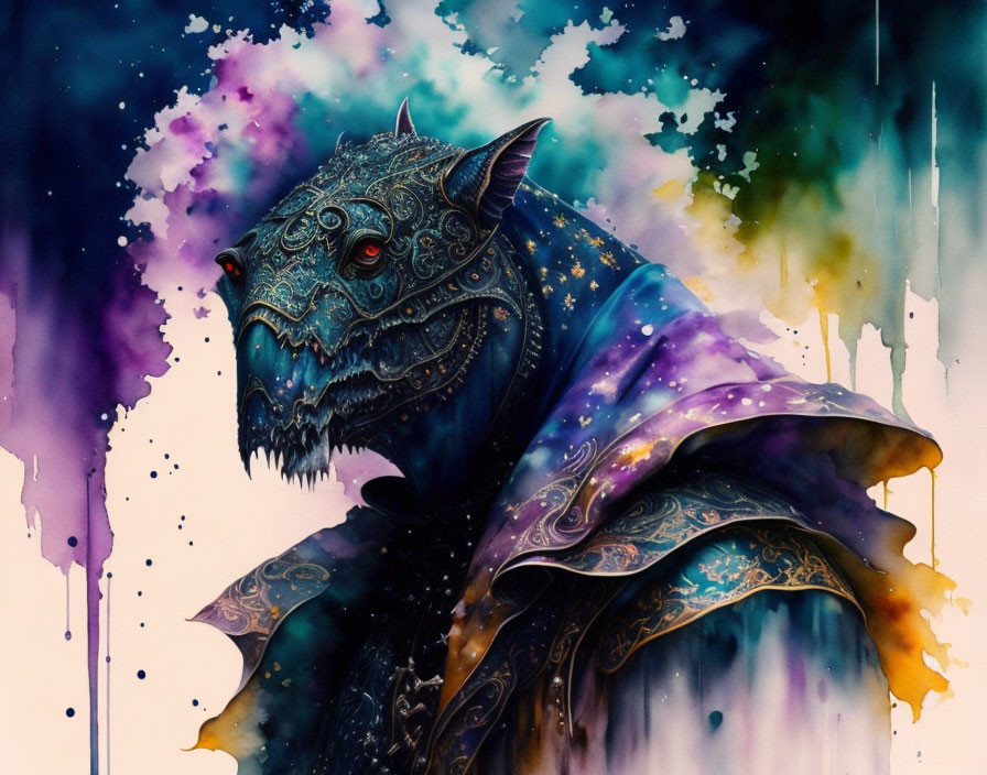 Mythical wolf with ornate armor in vibrant cosmic scene