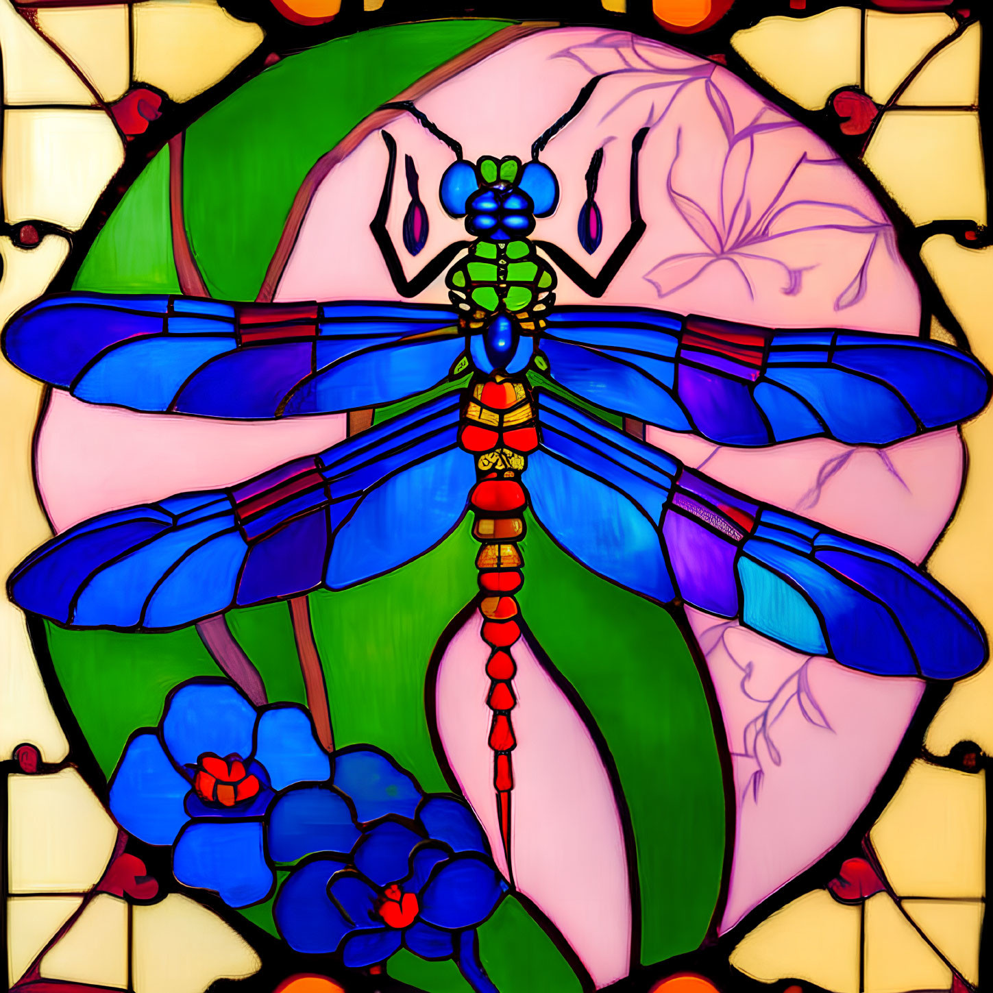 Vibrant blue dragonfly stained glass artwork on pink backdrop