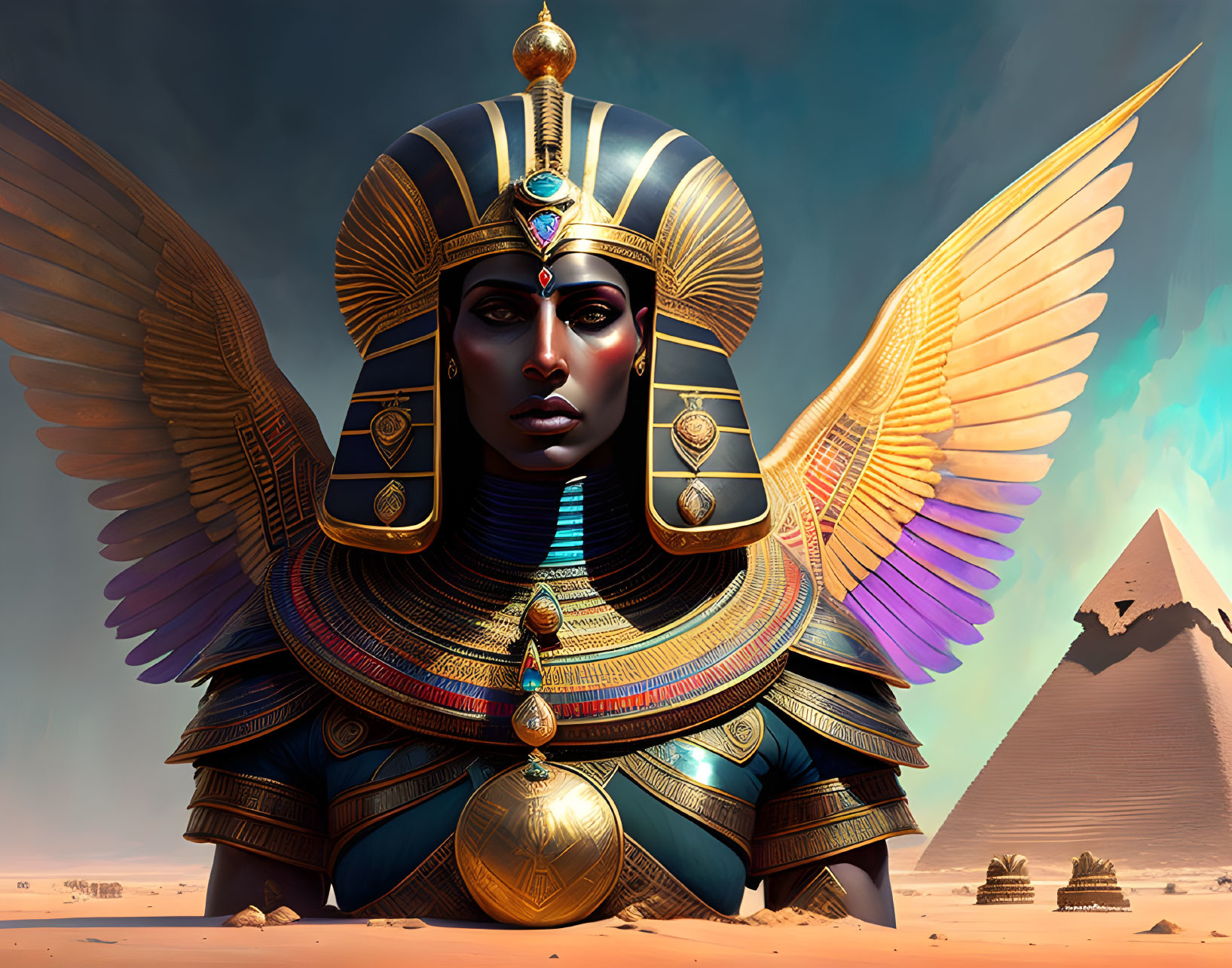 Digital artwork: Egyptian pharaoh with golden wings, headdress, armor, pyramid backdrop