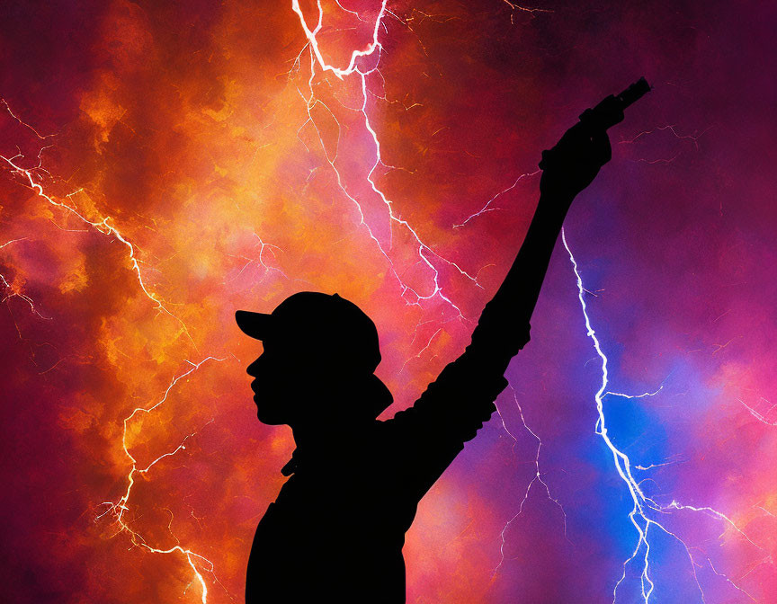 Person's silhouette with guitar against orange and purple backdrop.