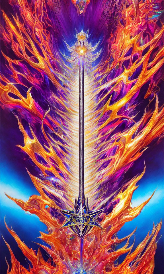 Majestic sword with glowing blade and fiery wings artwork