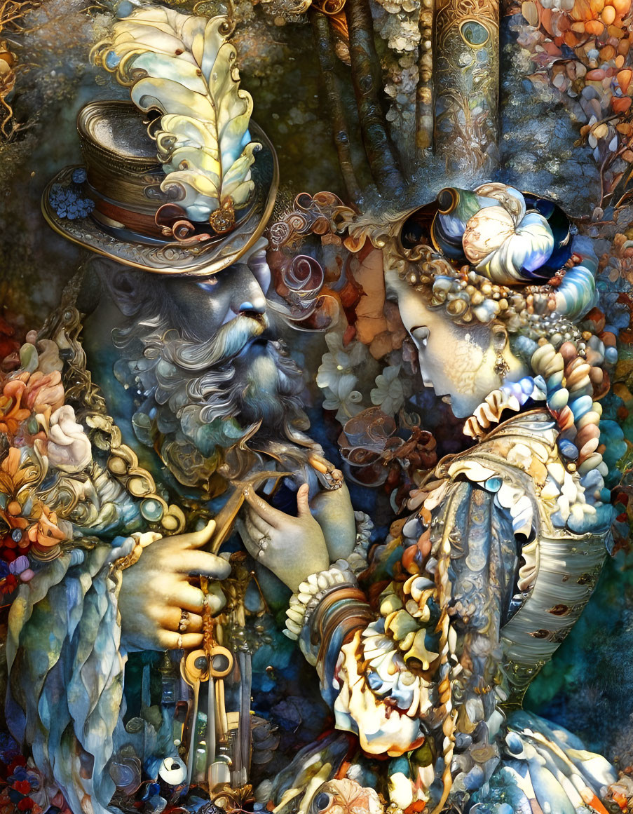 Fantastical portrait of two characters in marine-inspired costumes and baroque adornments