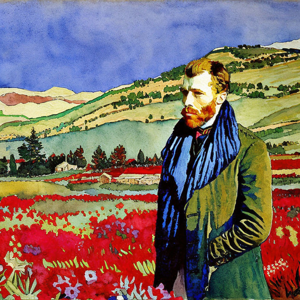 Bearded man in profile with blue scarf in vibrant watercolor landscape