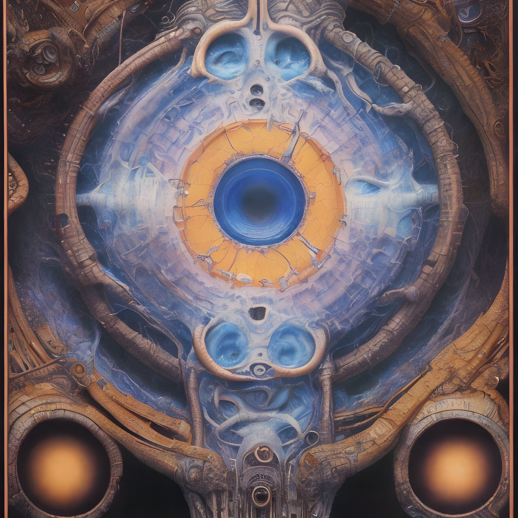 Abstract painting with central blue eye-like design and ornate shapes.