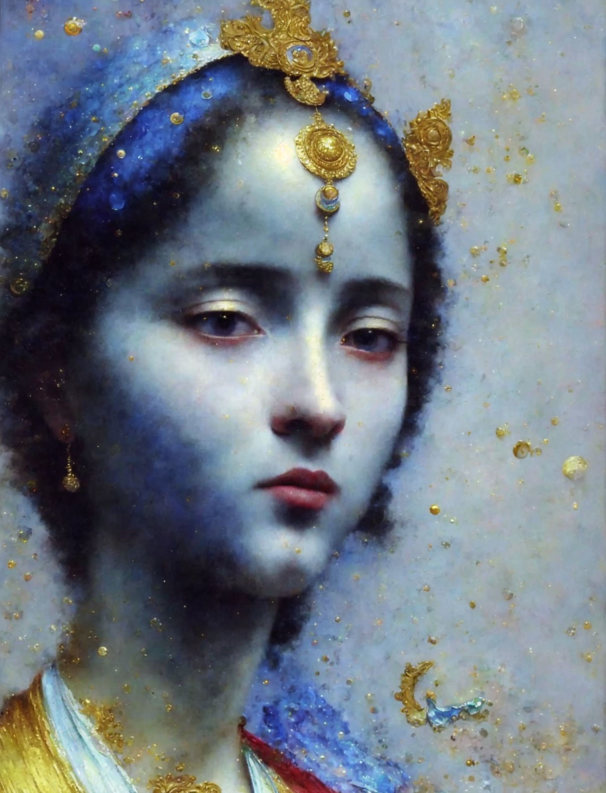 Portrait of a young woman with blue headdress and gold ornaments.