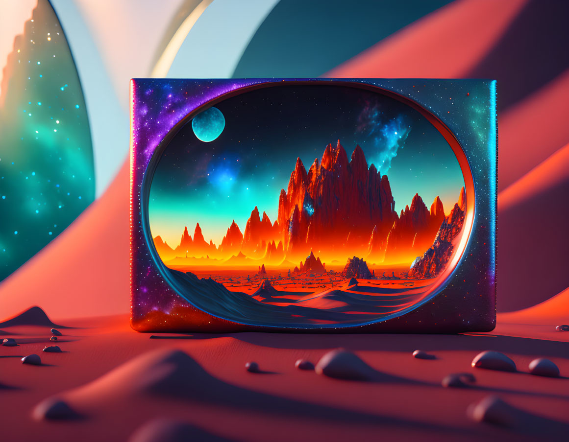 Futuristic portal framing vivid alien landscape with red mountains and surreal desert environment