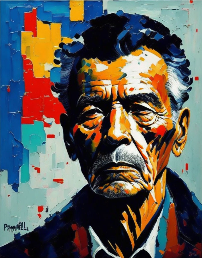 Vibrant portrait of older man with blue and red strokes on patchwork background