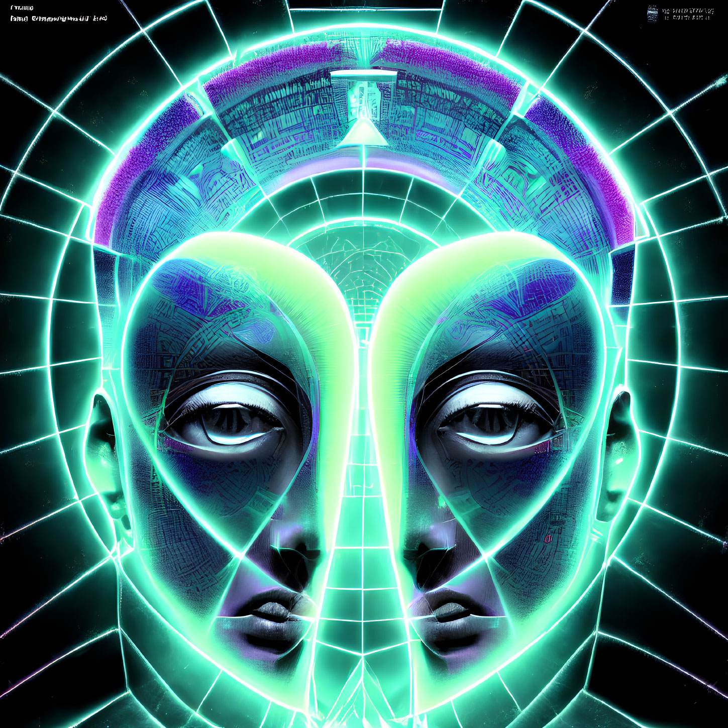 Symmetrical futuristic face with glowing neon lines in digital artwork